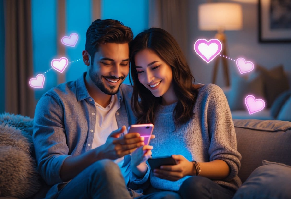 Romantisk par der kigger på en telefon